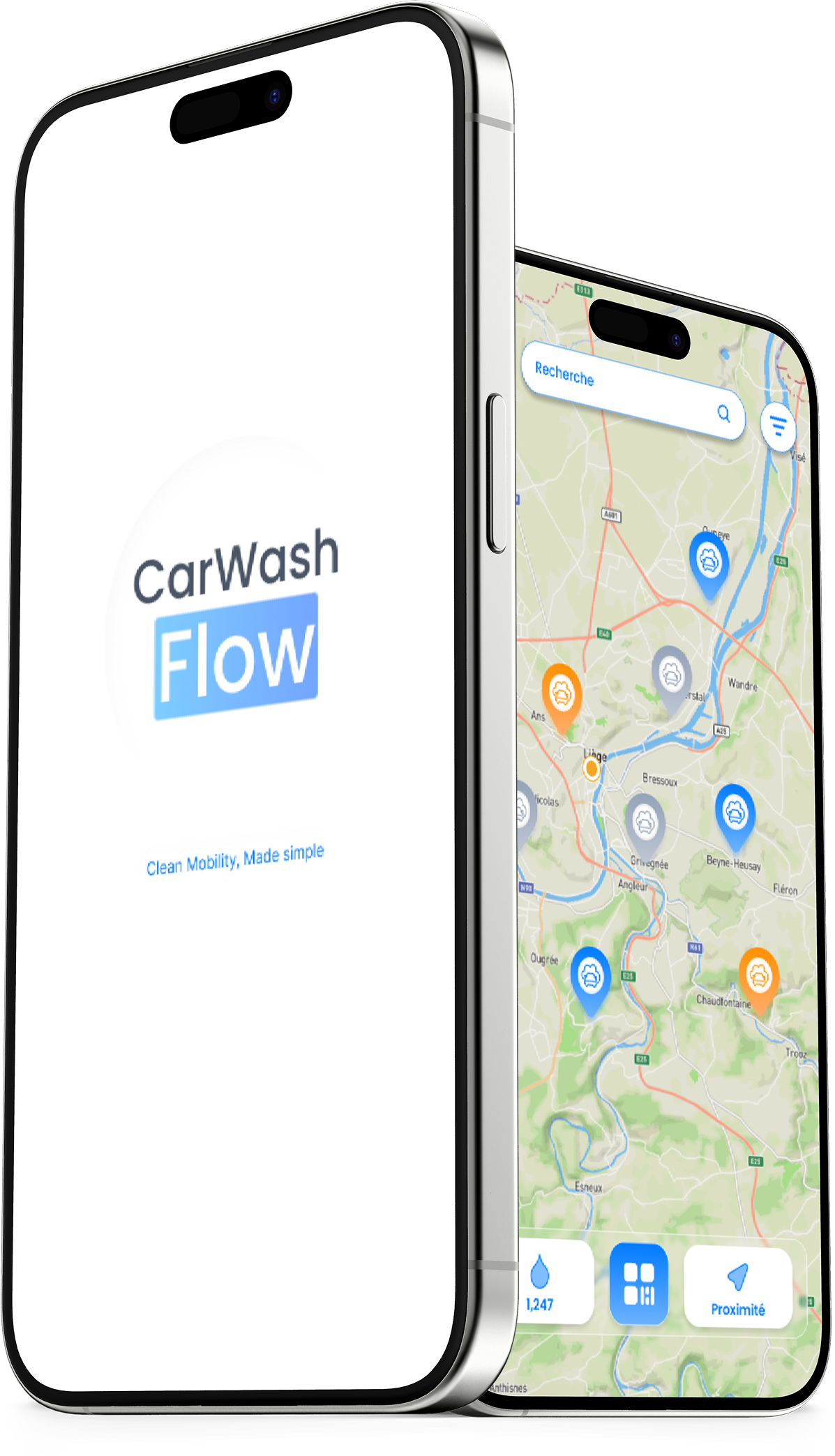 CarWashFlow mobile application showing splash screen and map view
