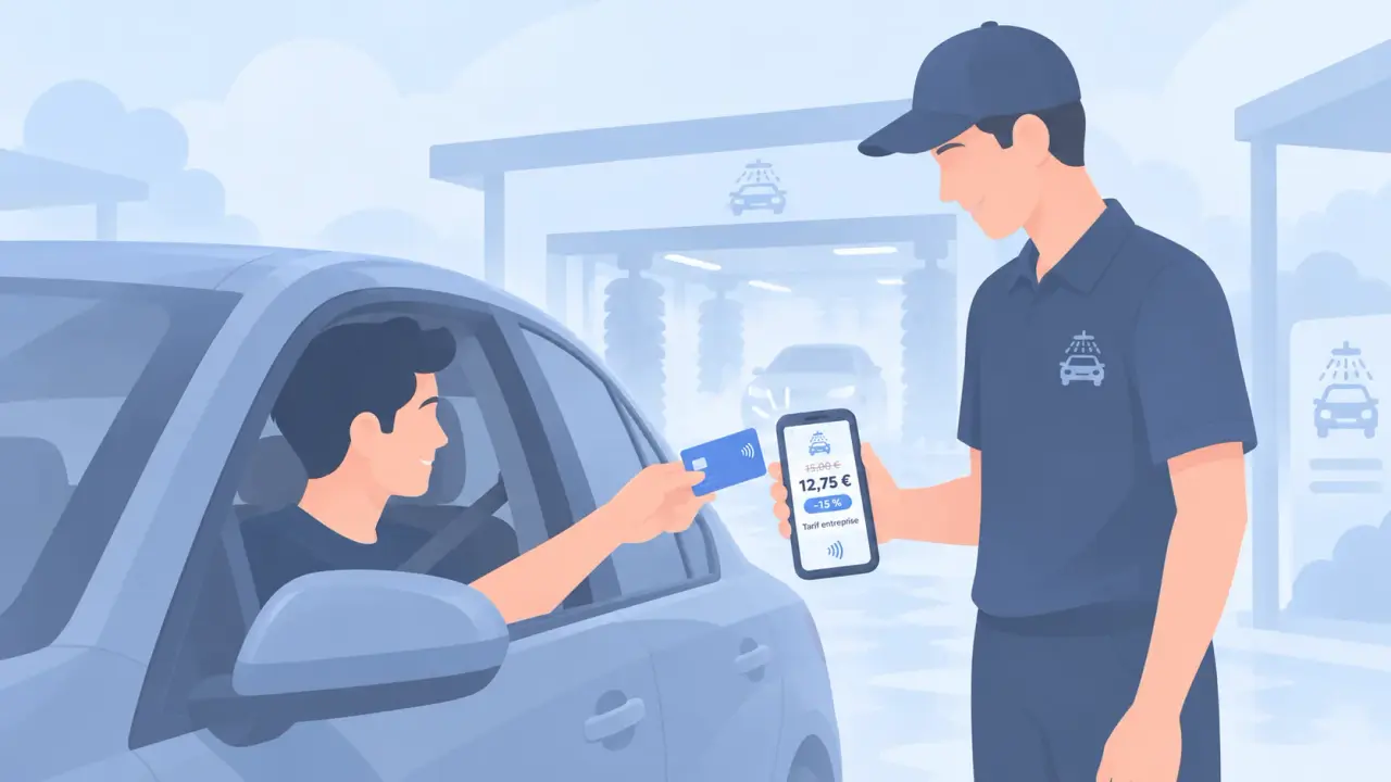 Le collaborateur paie par carte sans contact au terminal du carwash.