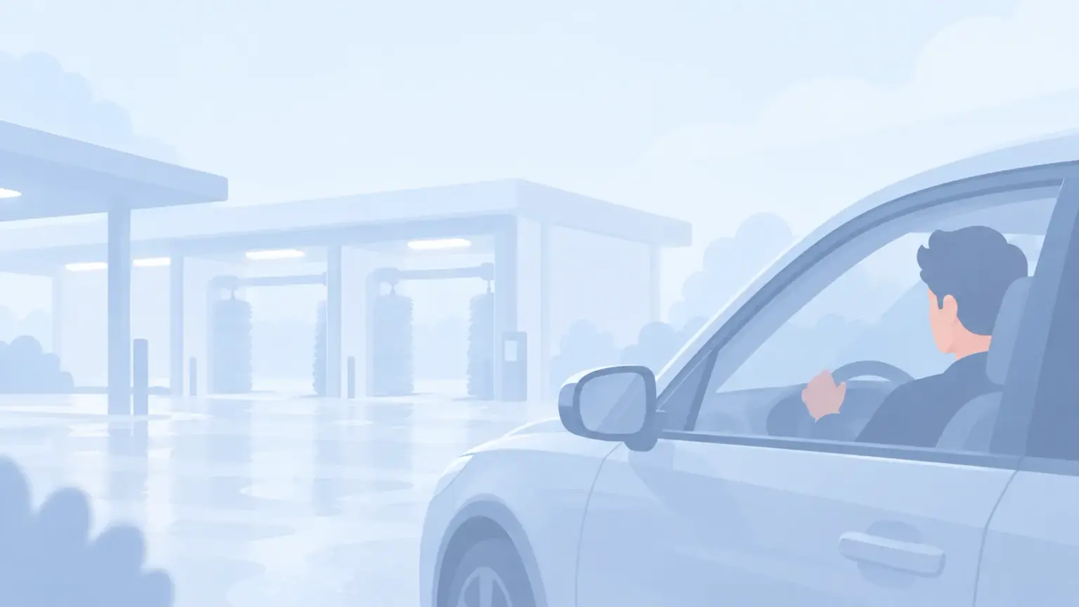 Un véhicule de société arrive à l'entrée d'un carwash partenaire, personnel visible.