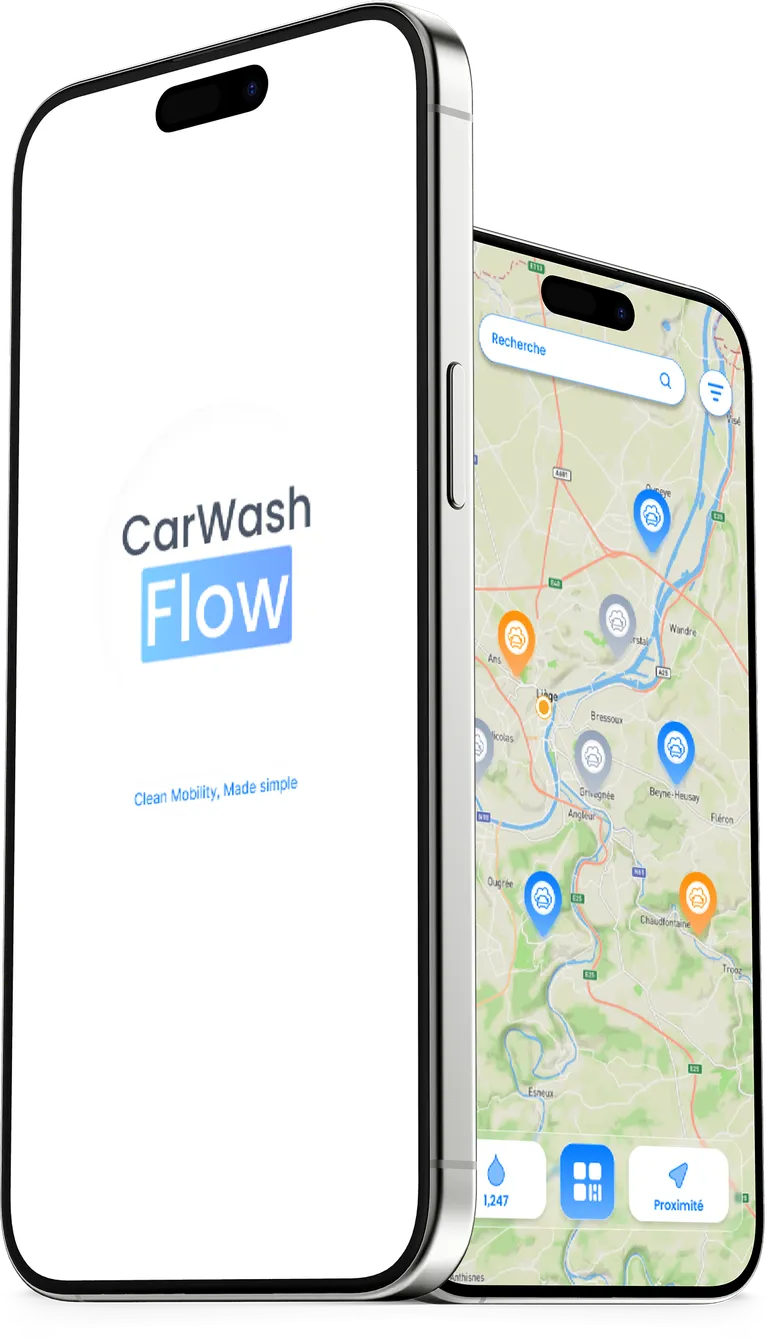 CarWashFlow mobile application showing splash screen and map view