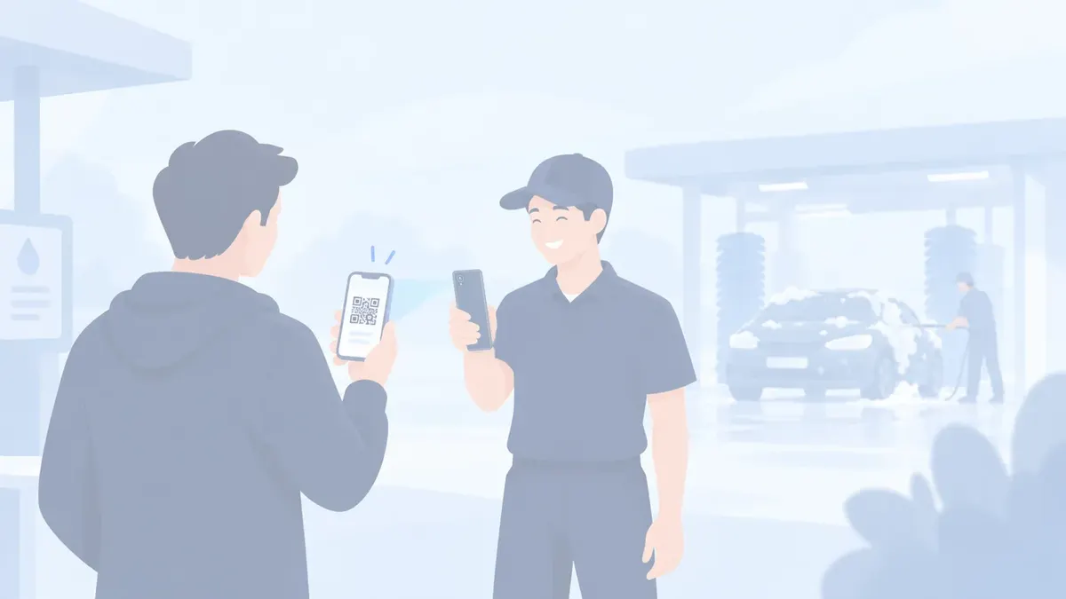 Un client présente le QR de l'app au gérant, qui le scanne avec le terminal
