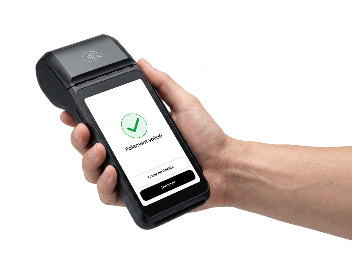 Terminal de paiement CarWashFlow affichant une confirmation de paiement validé